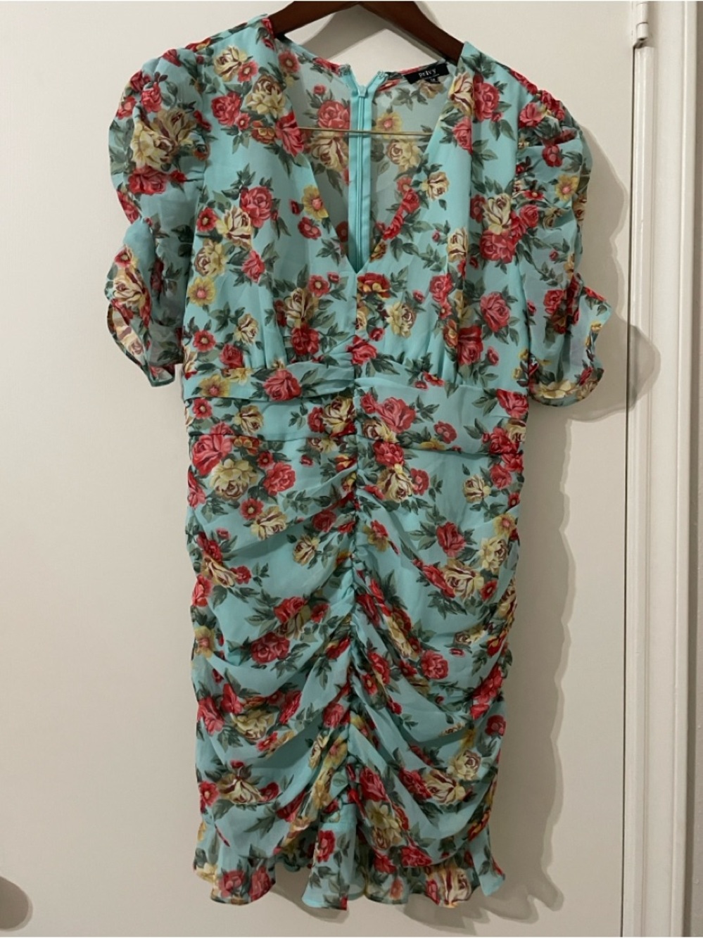 Privy Floral Ruched Mini Dress in Light Blue - Size M
